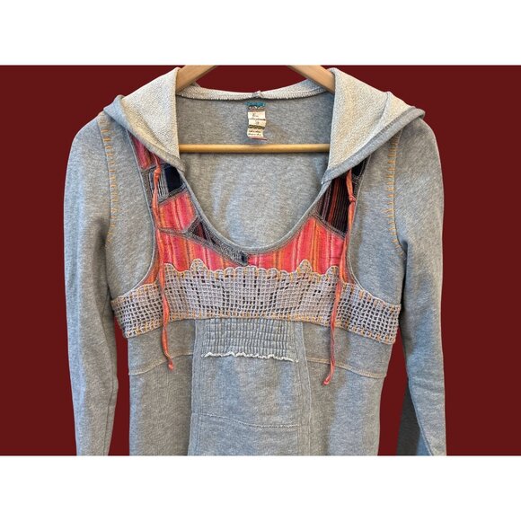 Y2K Free People Boho Hoodie Gray Knit Crochet Patchwork Pullover Festival Small - Picture 3 of 6